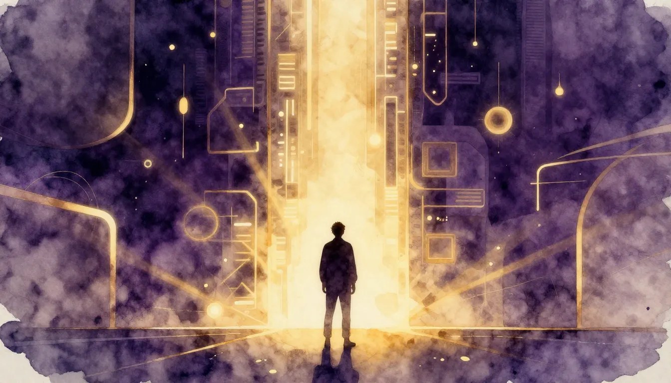 Watercolor style. A silhouette of a person standing before a...