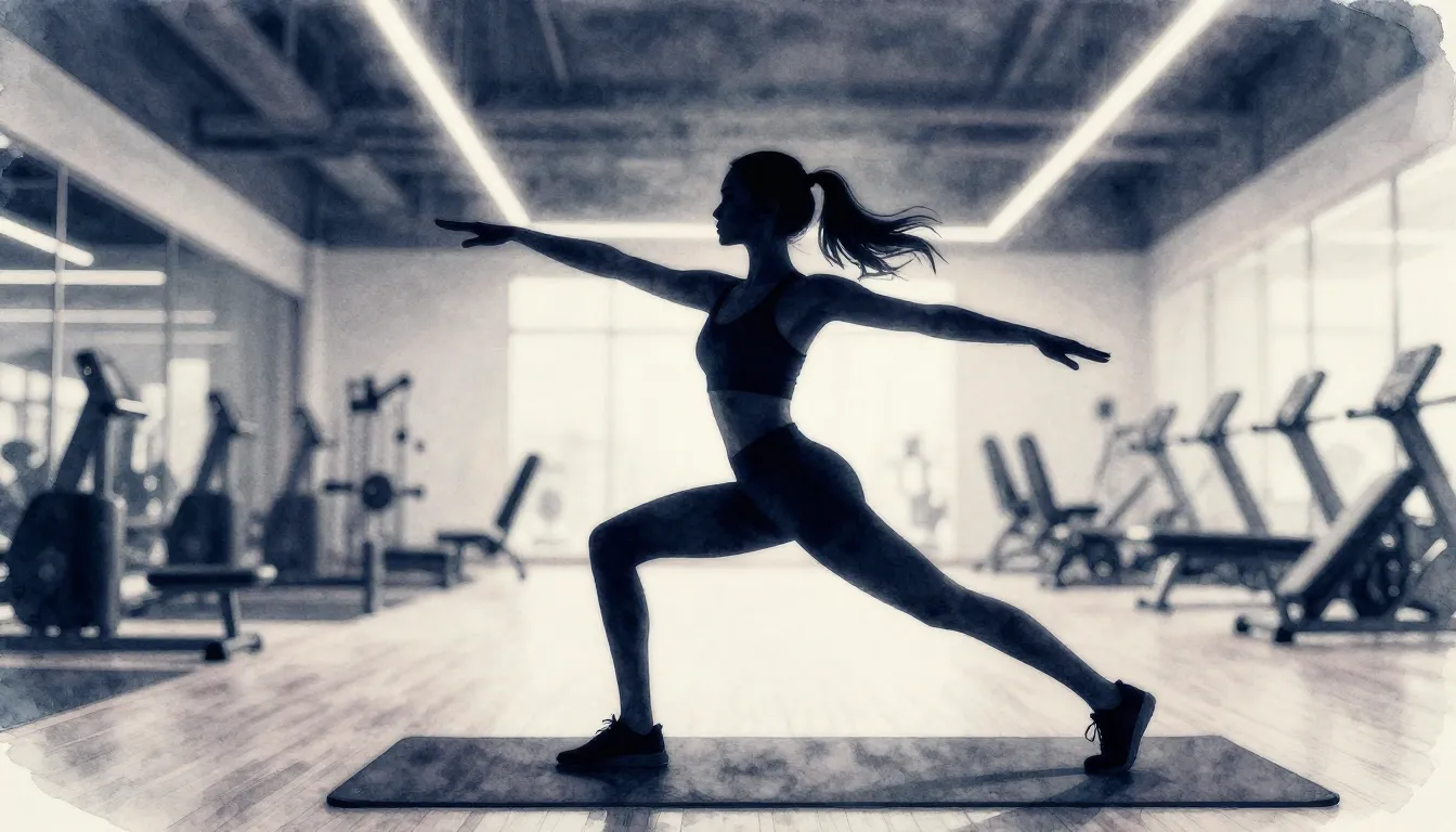 Watercolor style. A dark silhouette of a graceful woman exer...