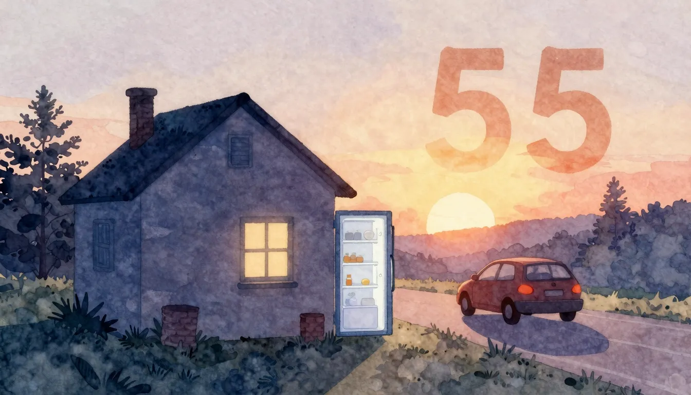 Watercolor style. A cozy house silhouette at sunrise, a full...