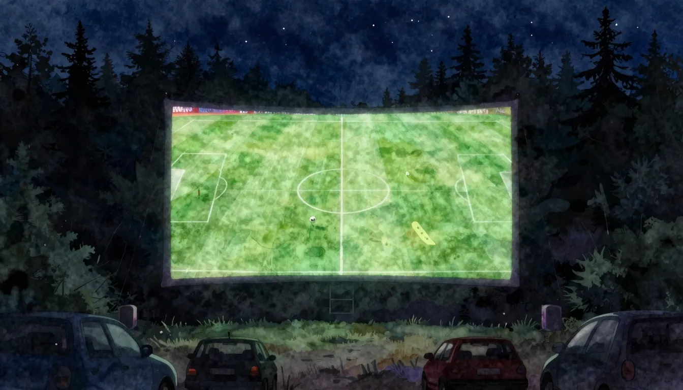 Watercolor style. Large outdoor cinema screen in a dark fore...