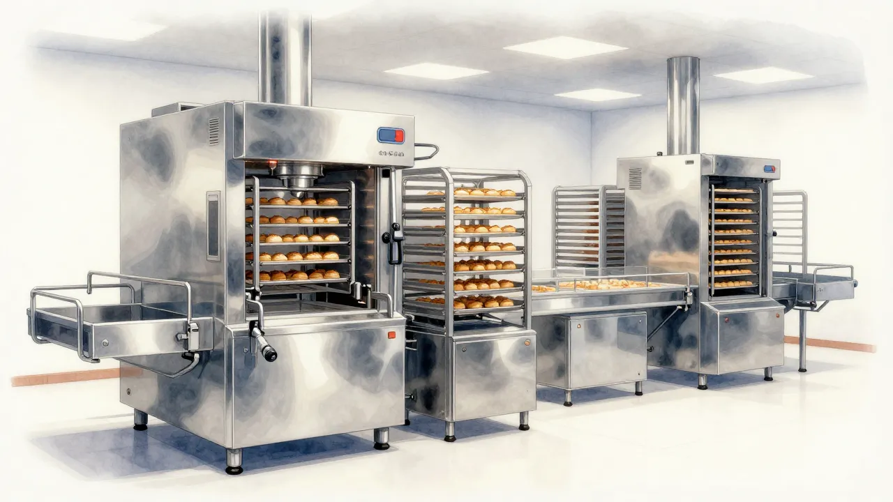 Watercolor style. Professional industrial bakery interior, m...