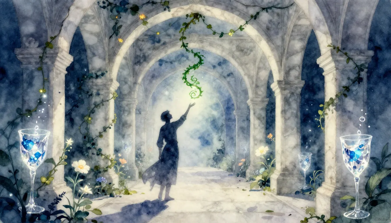 Watercolor style. An ethereal alleyway with white marble arc...