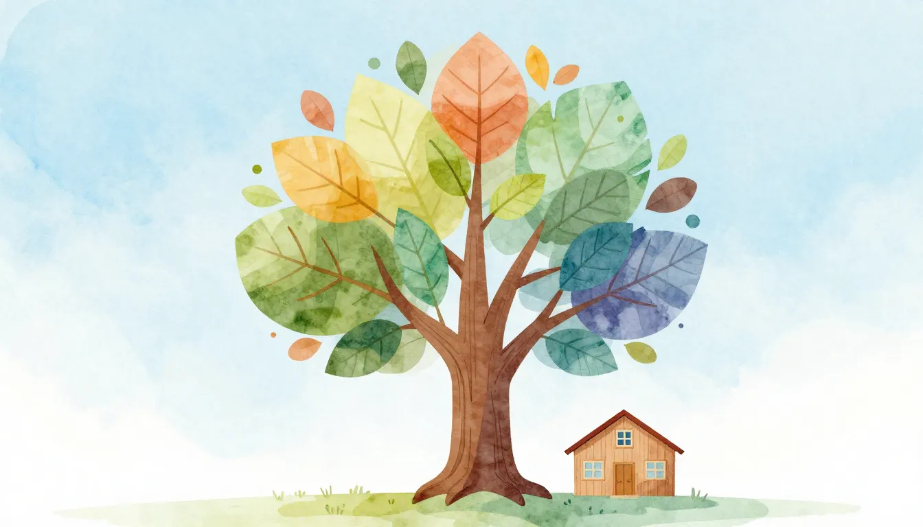 Watercolor style. A stylized tree with many colorful leaves ...