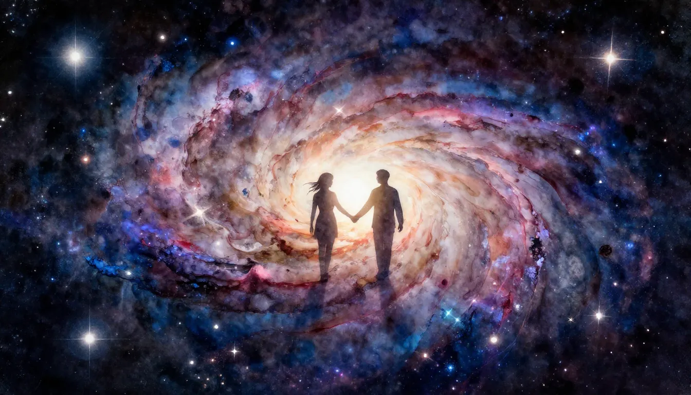 Watercolor style. A vast galaxy with swirling stars and nebu...