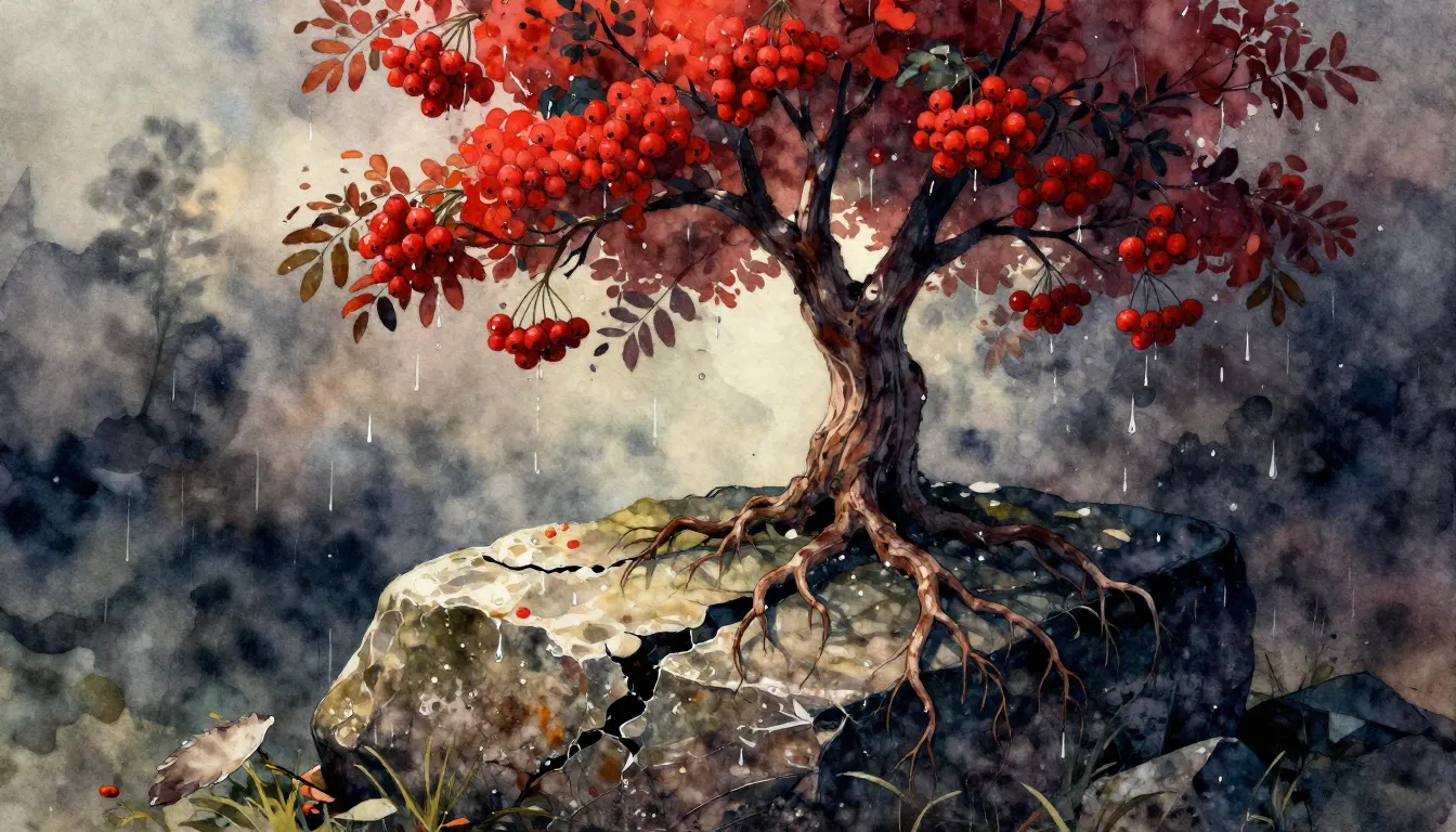 Vibrant watercolor style. Rock album cover: a lone rowan tre...