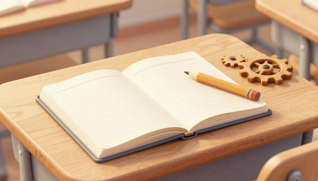 Watercolor style. A cozy school desk with an open notebook, ...