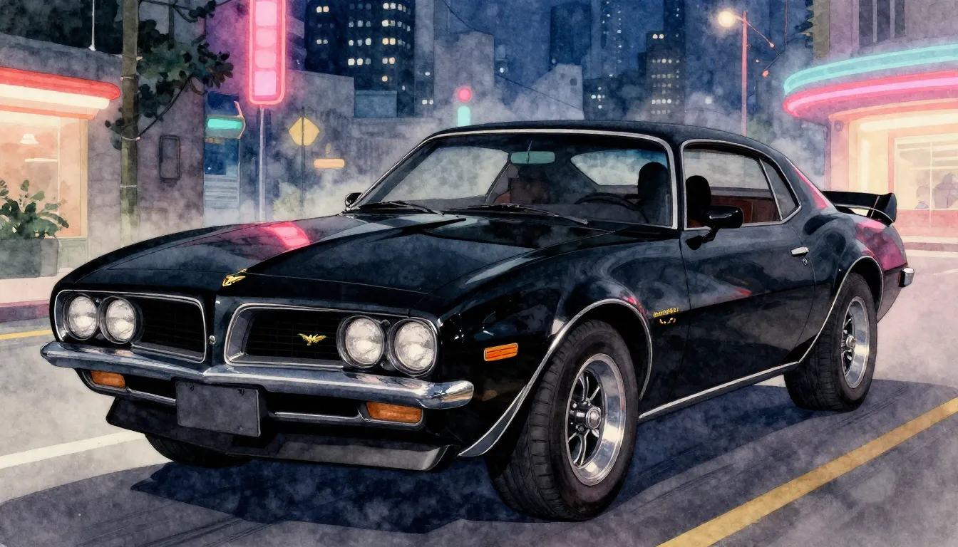 Watercolor style. A sleek black vintage Pontiac Firebird wit...