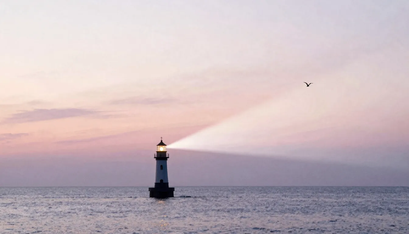 Watercolor style. A lone lighthouse stands in the middle of ...