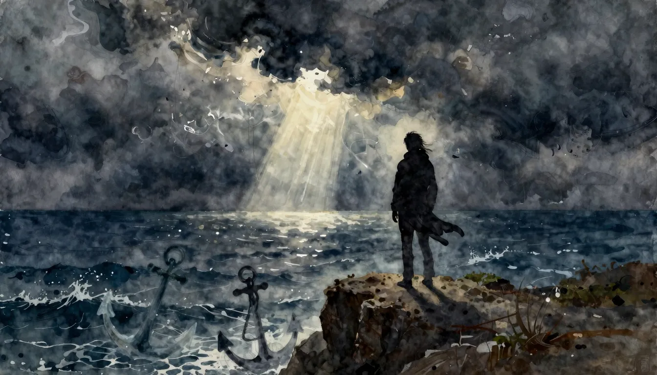Watercolor style. A silhouette of a person standing on a cli...