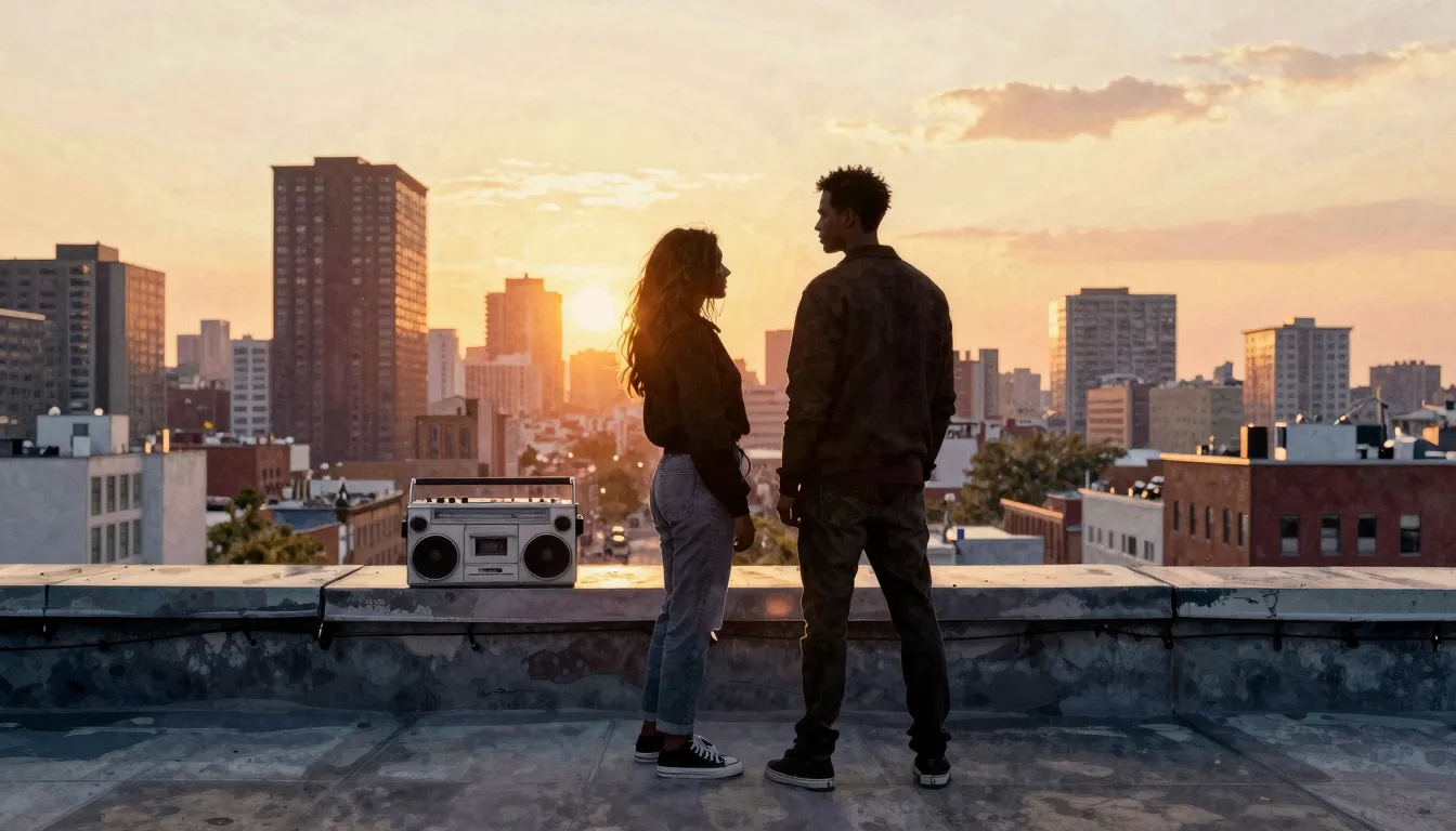 Watercolor style. Silhouette of a couple standing on a city ...