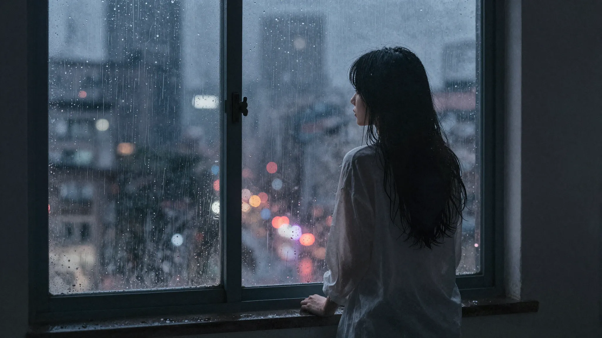 Watercolor style. Silhouette of a lonely girl looking out a ...