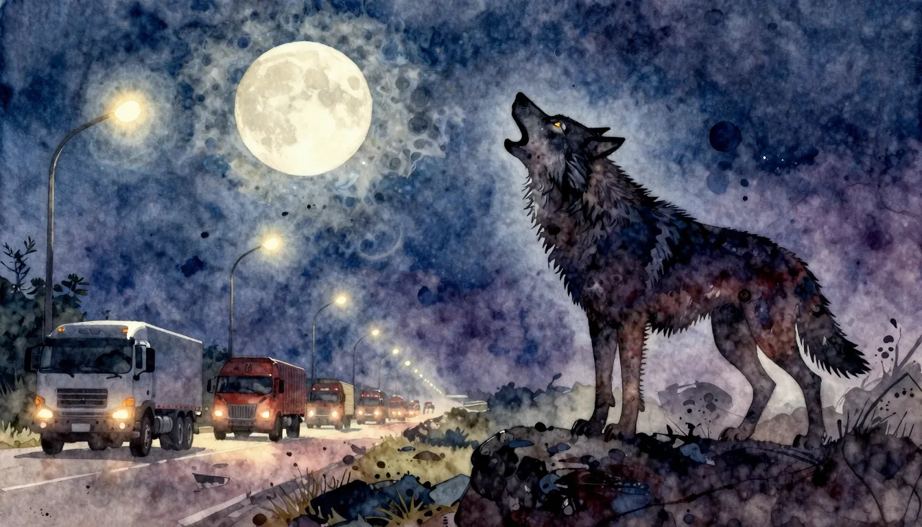 Vibrant watercolor style. Rock album cover: A lone wolf silh...
