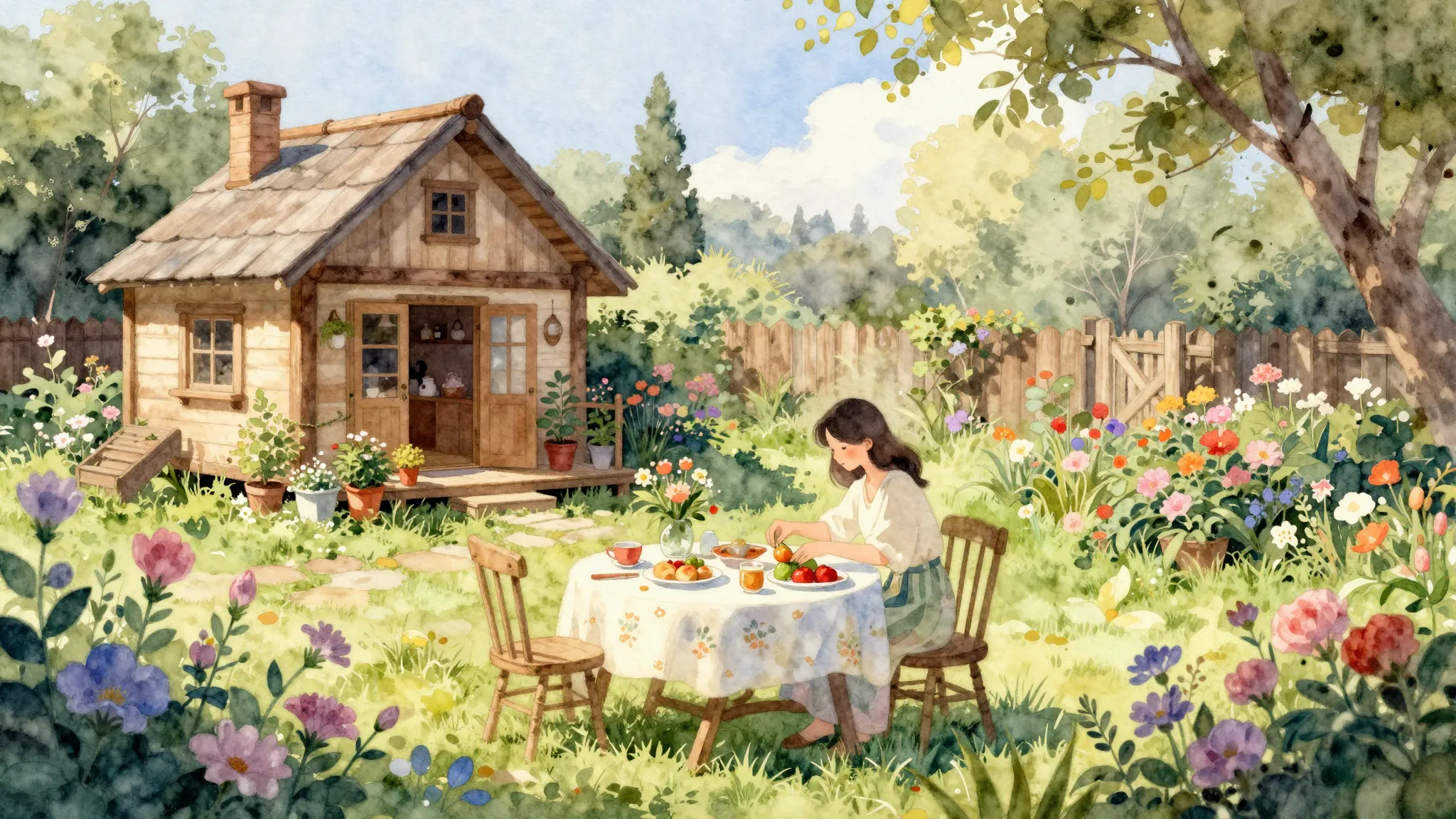 Watercolor style. A beautiful garden with blooming flowers, ...