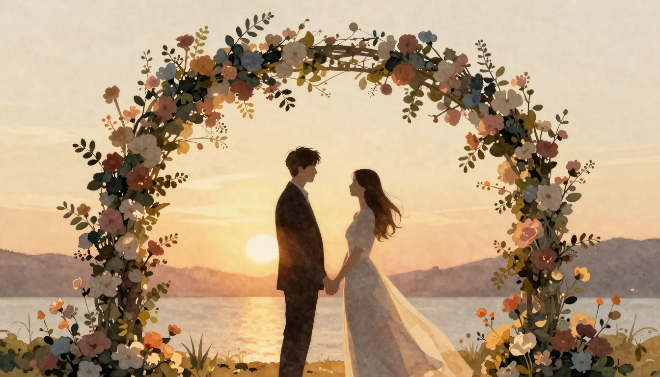 Watercolor style. Two silhouettes of a couple standing under...