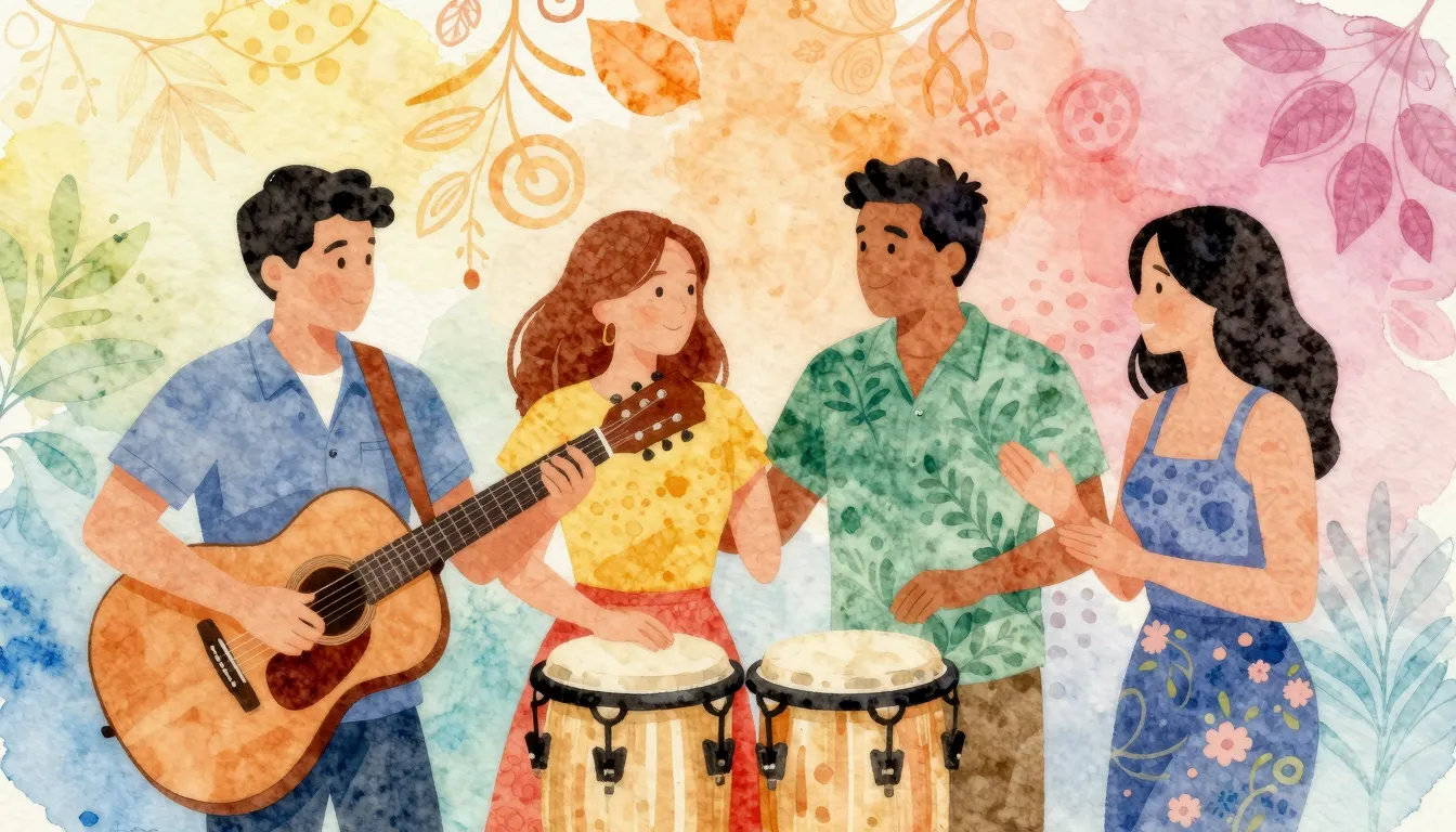 Vibrant watercolor style. Vibrant Latin-inspired album cover...