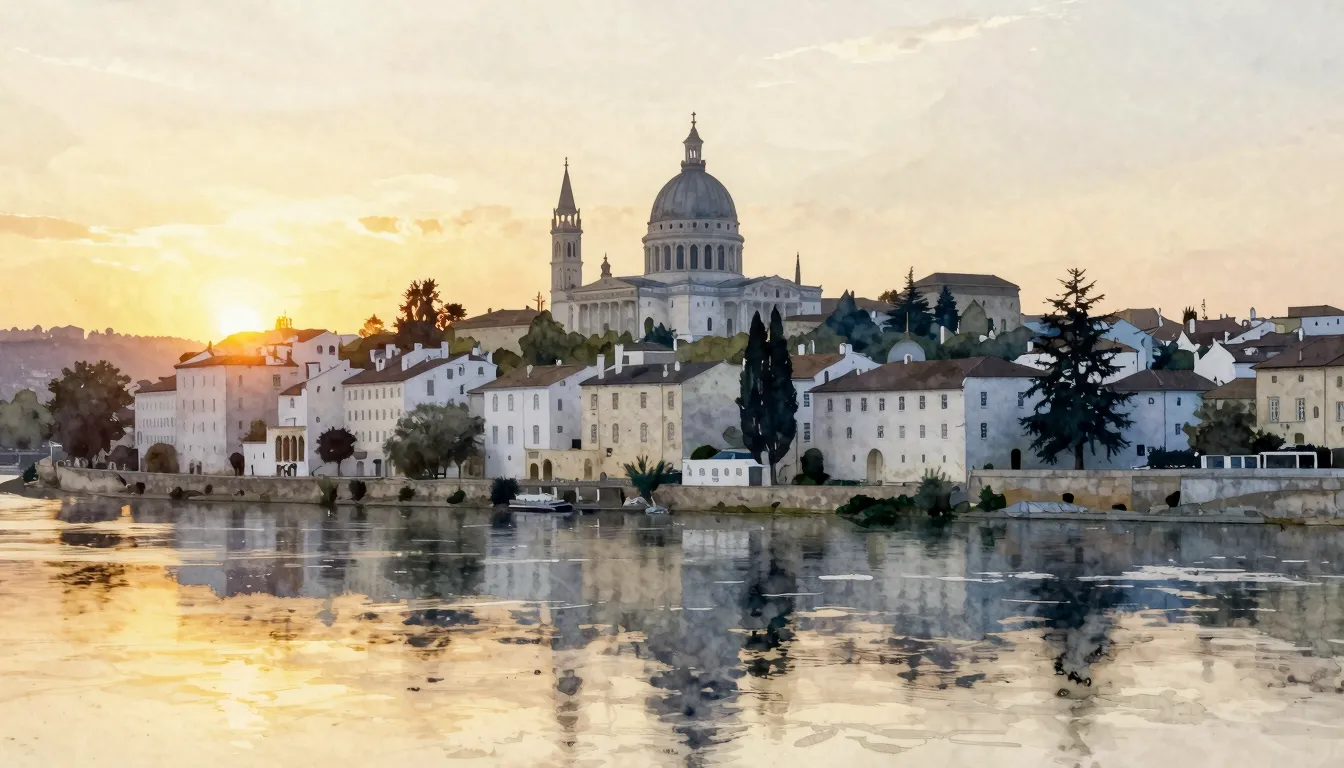 Watercolor style. Silhouette of an ancient city with white s...