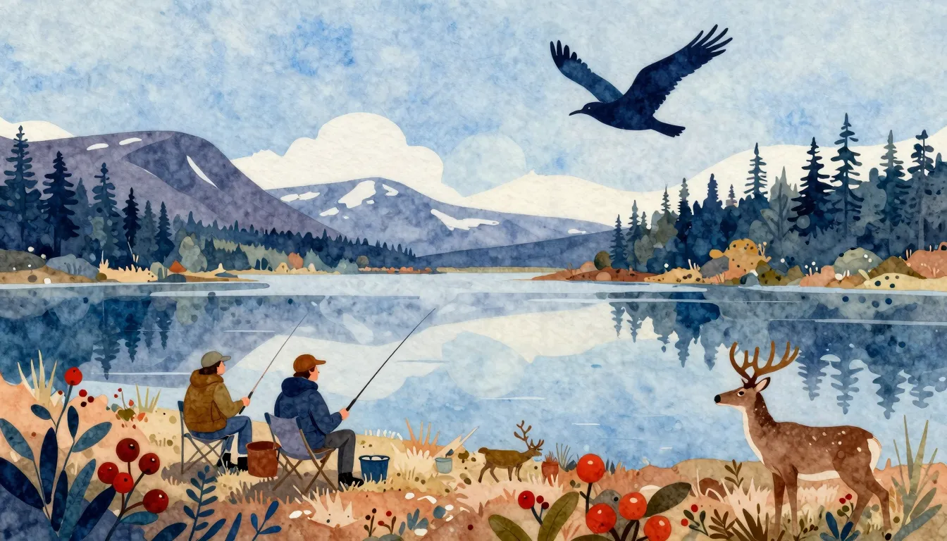 Vibrant watercolor style. Blues album cover. Northern landsc...