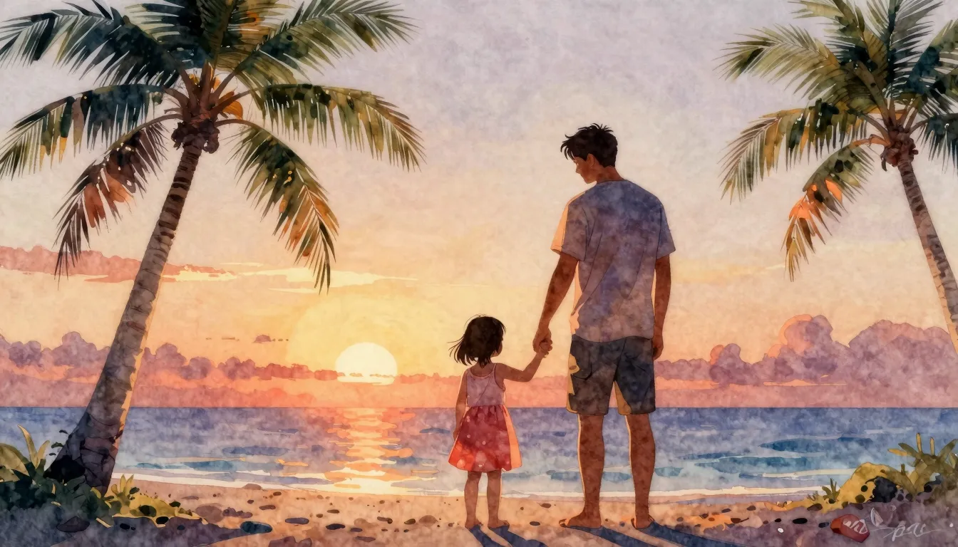 Watercolor style. Silhouette of a father holding a little gi...