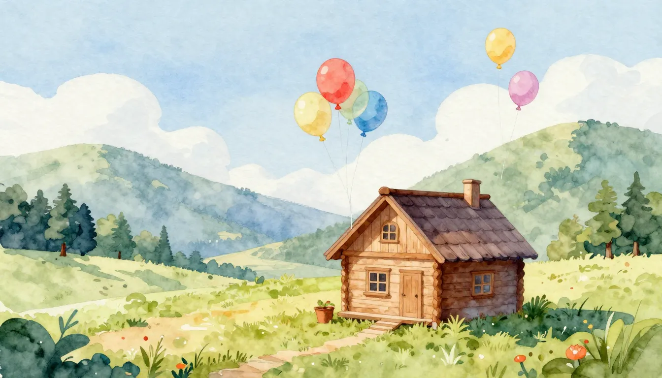 Watercolor style. A cozy wooden house in a valley, colorful ...