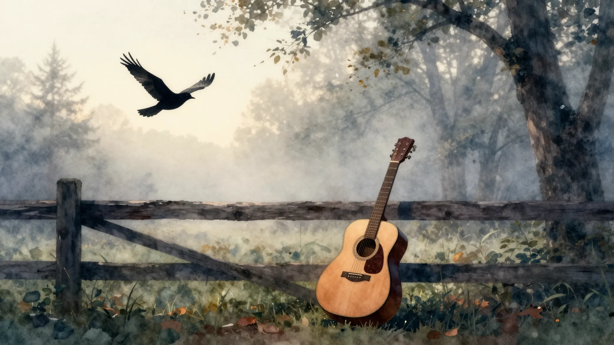 Watercolor style. A lonely silhouette of a bird flying over ...