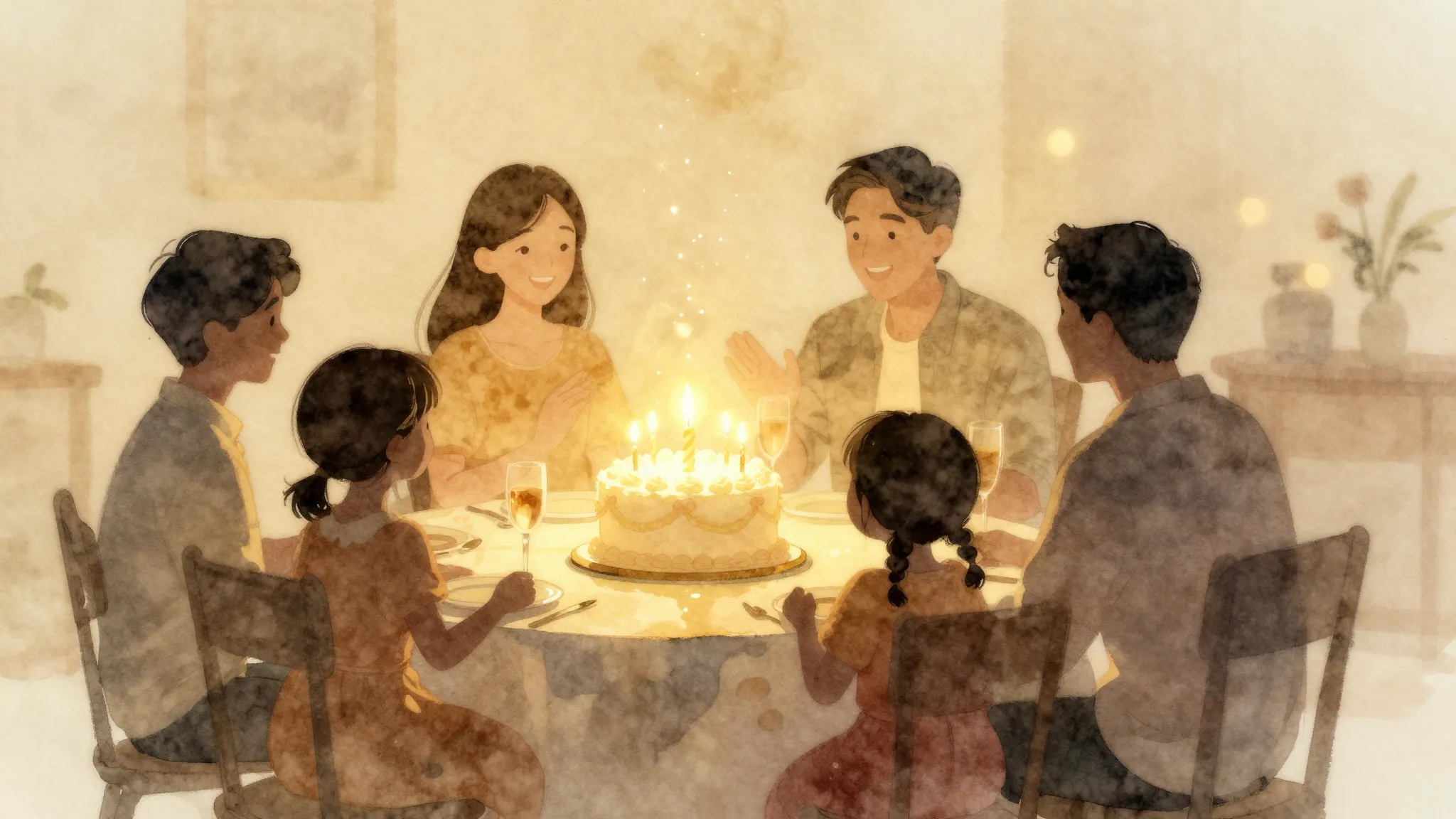Watercolor style. A silhouette of a happy family gathering a...