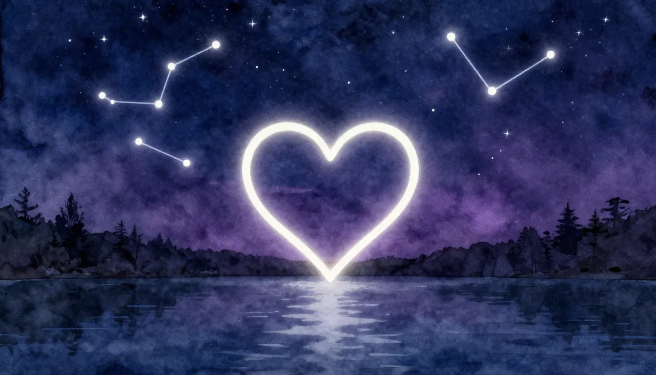 Watercolor style. A glowing heart silhouette floating over a...