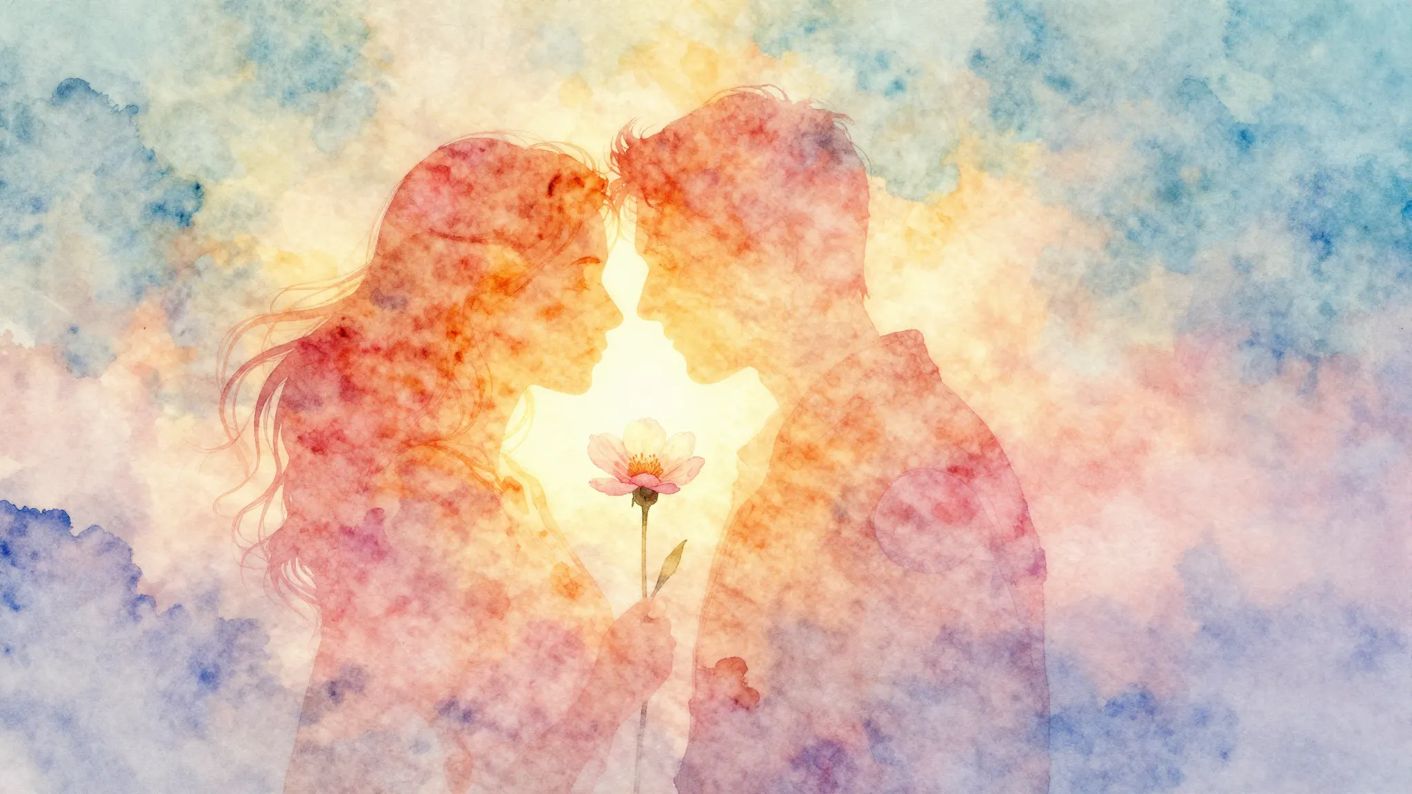 Vibrant watercolor style. Ballad album cover: two intertwine...