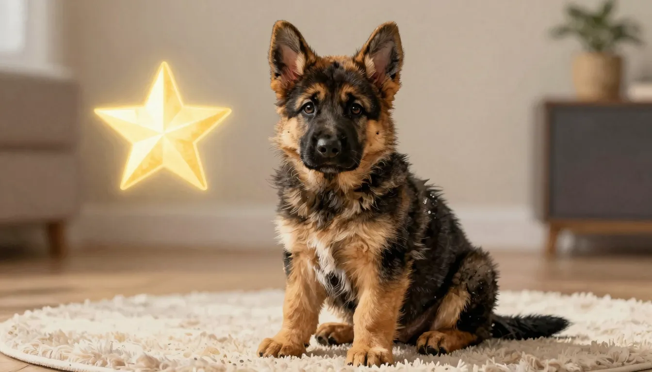 Watercolor style. A cute German Shepherd puppy sitting proud...