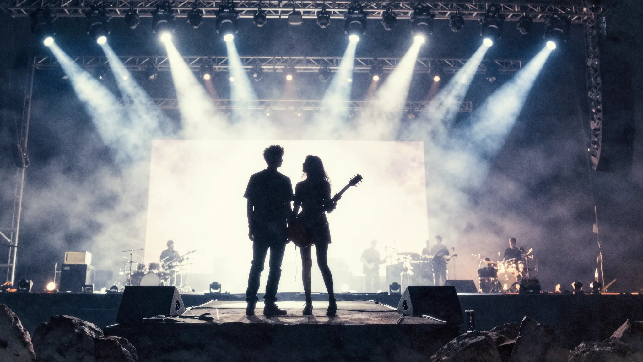 Watercolor style. Silhouette of a couple standing on a rock ...