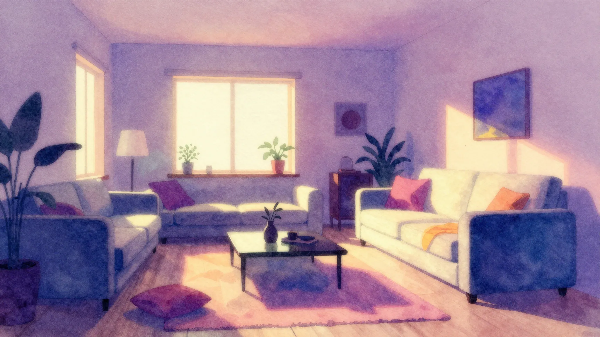Watercolor style. Abstract silhouette of a messy living room...