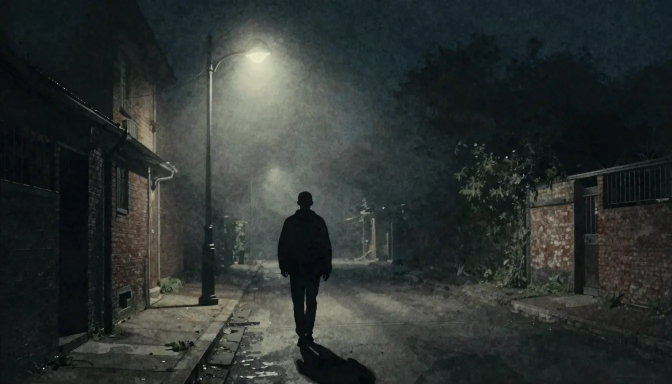 Watercolor style. A lonely silhouette walking down a misty s...