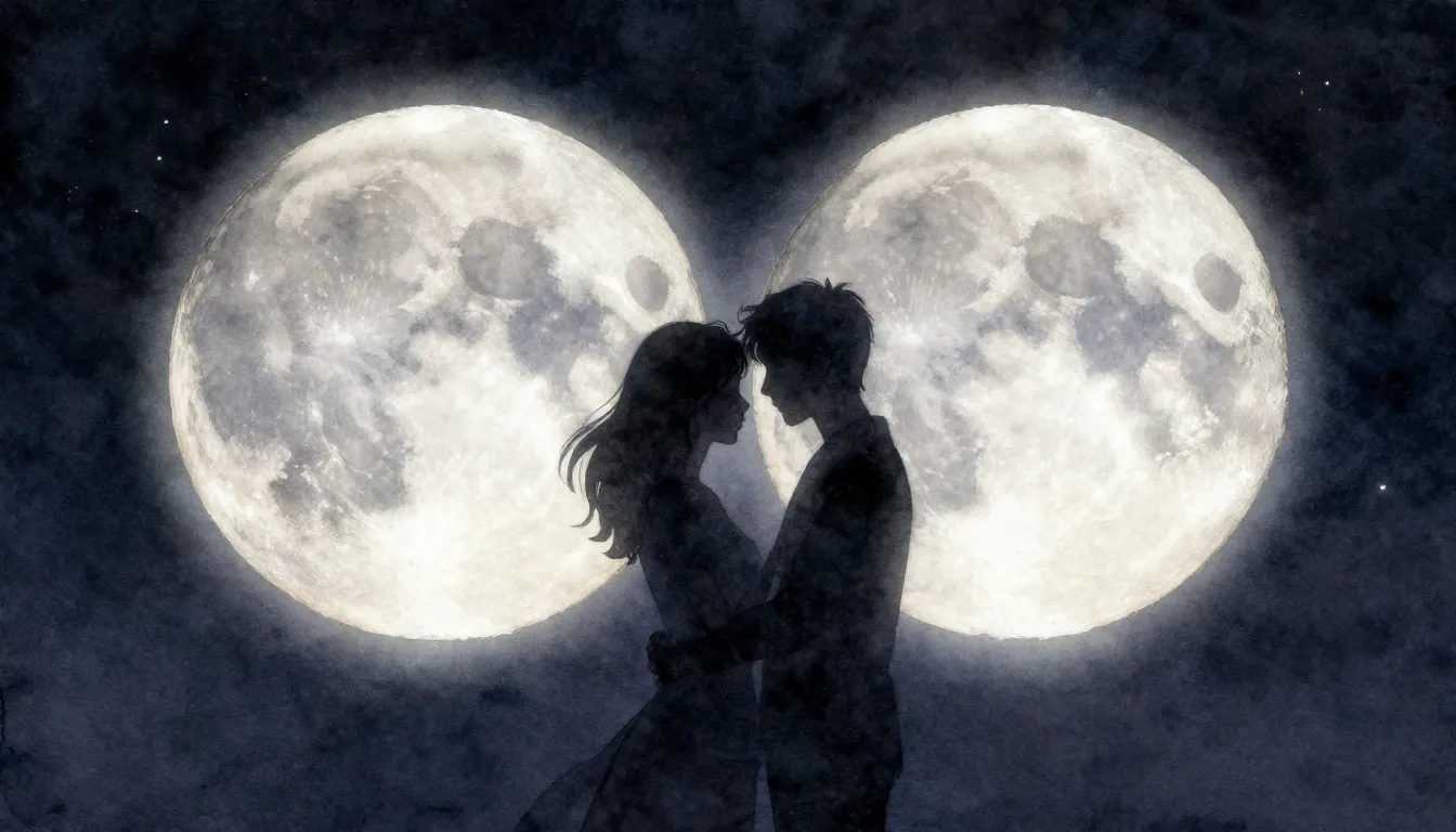 Watercolor style. Two glowing moons merging in a dark night ...