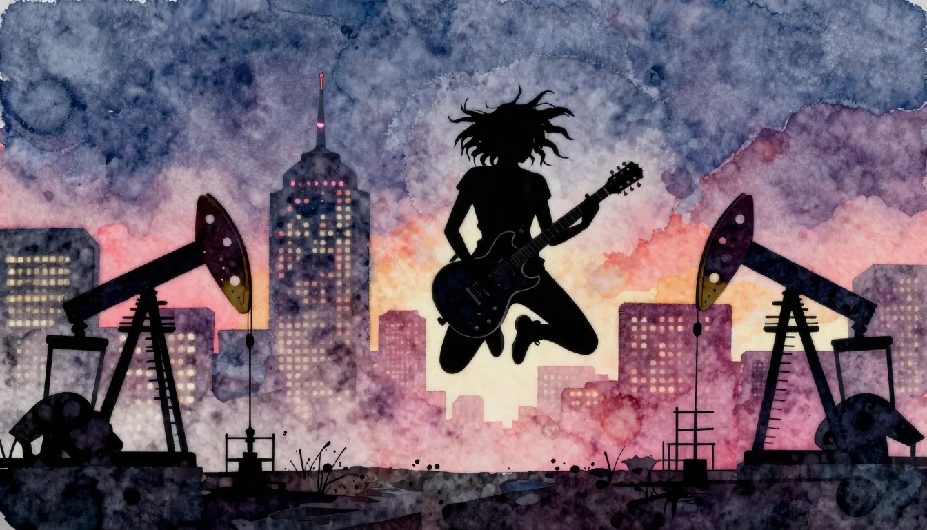 Watercolor style. Silhouette of a girl jumping with a guitar...