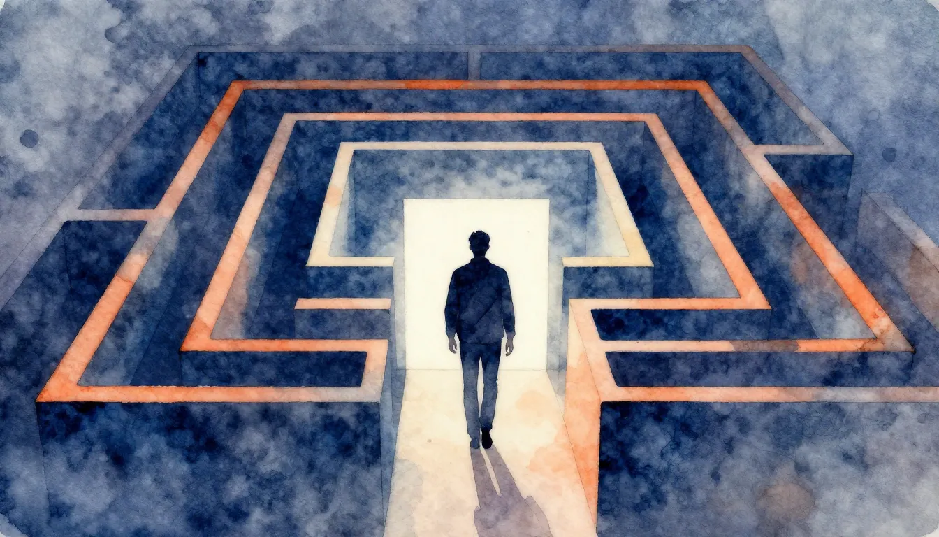 Watercolor style. A silhouette of a man walking through a st...