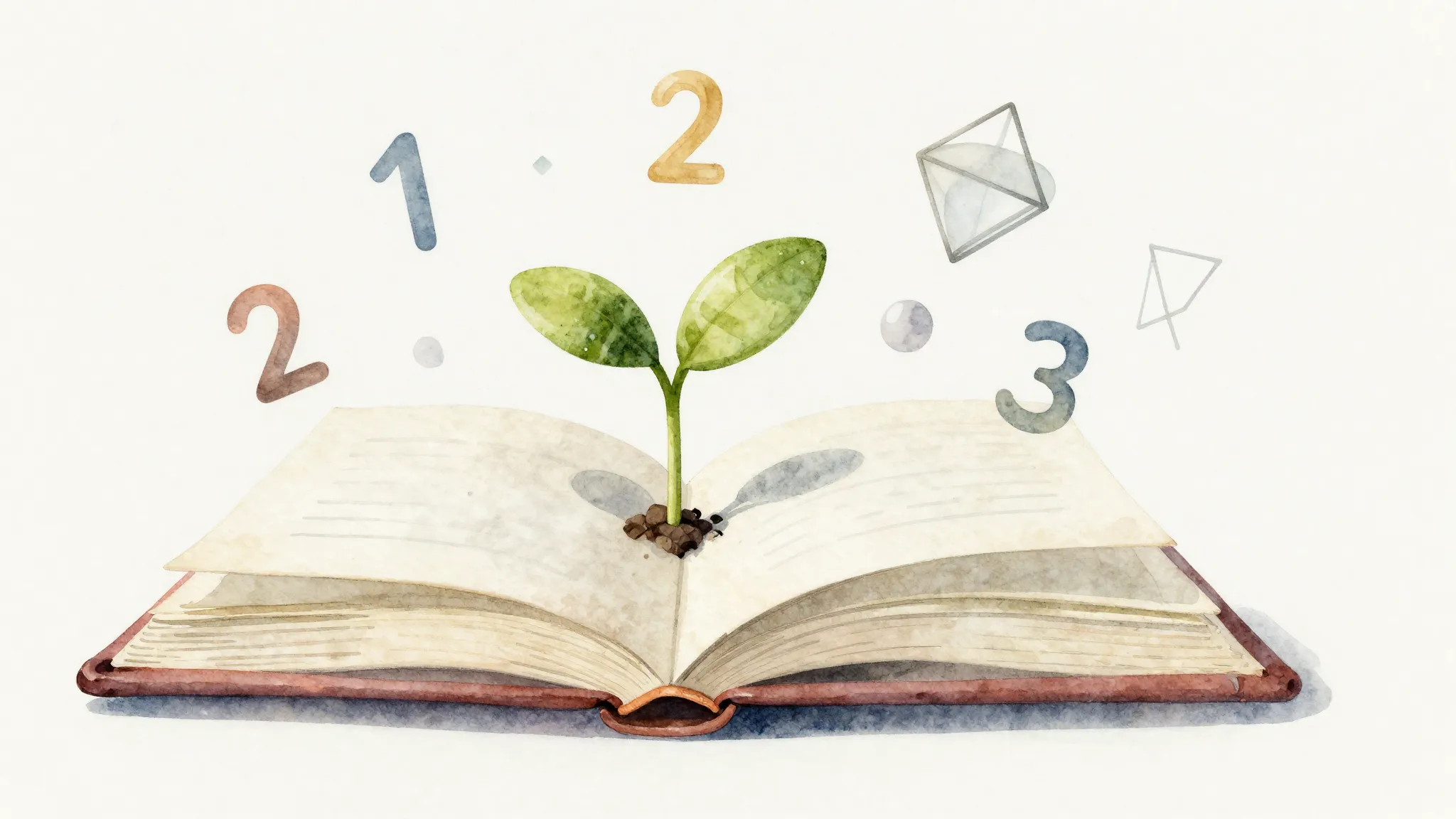 Watercolor style. A stylized open book with a small green sp...