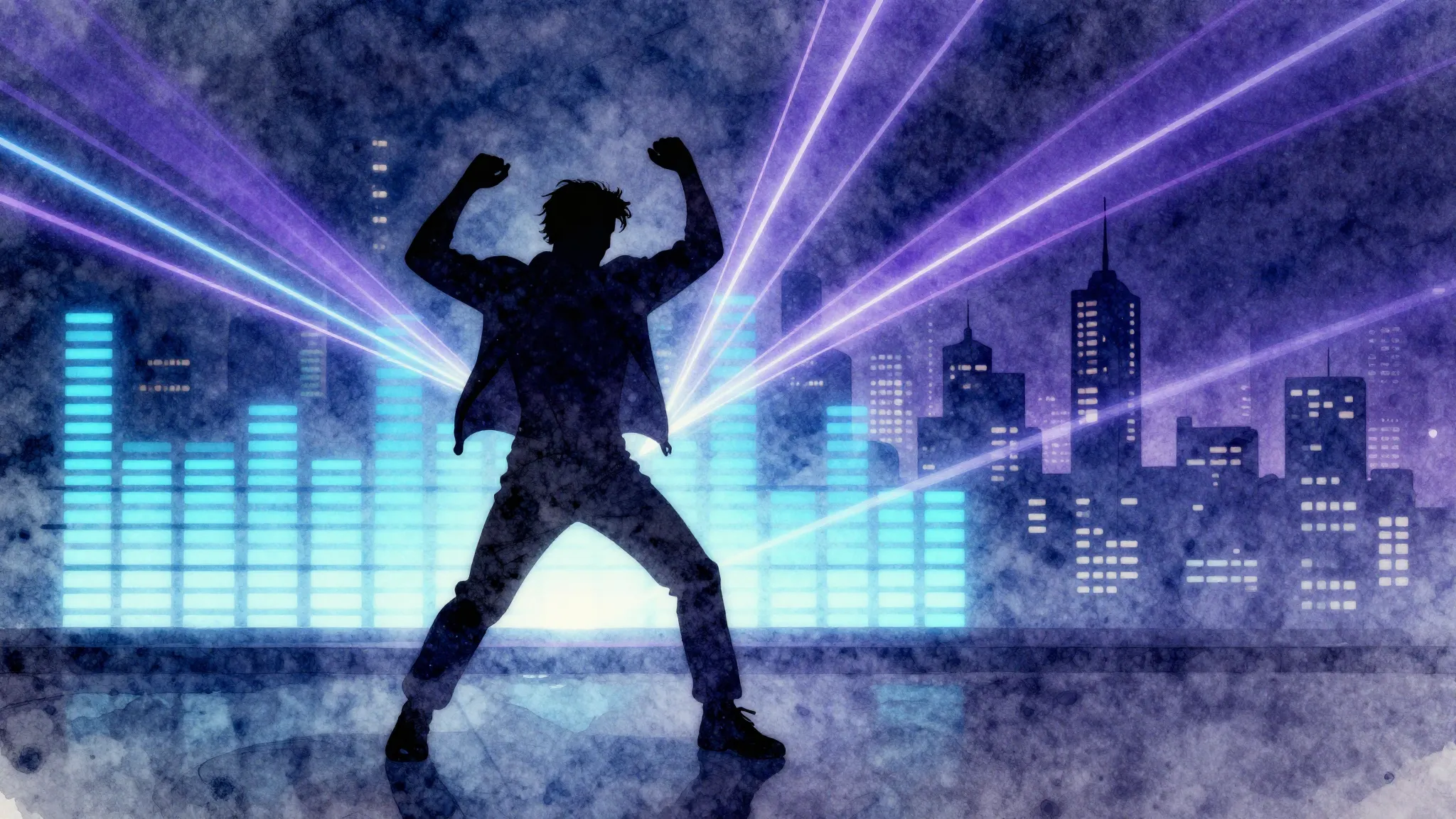 Watercolor style. A dark silhouette of a man dancing in fron...