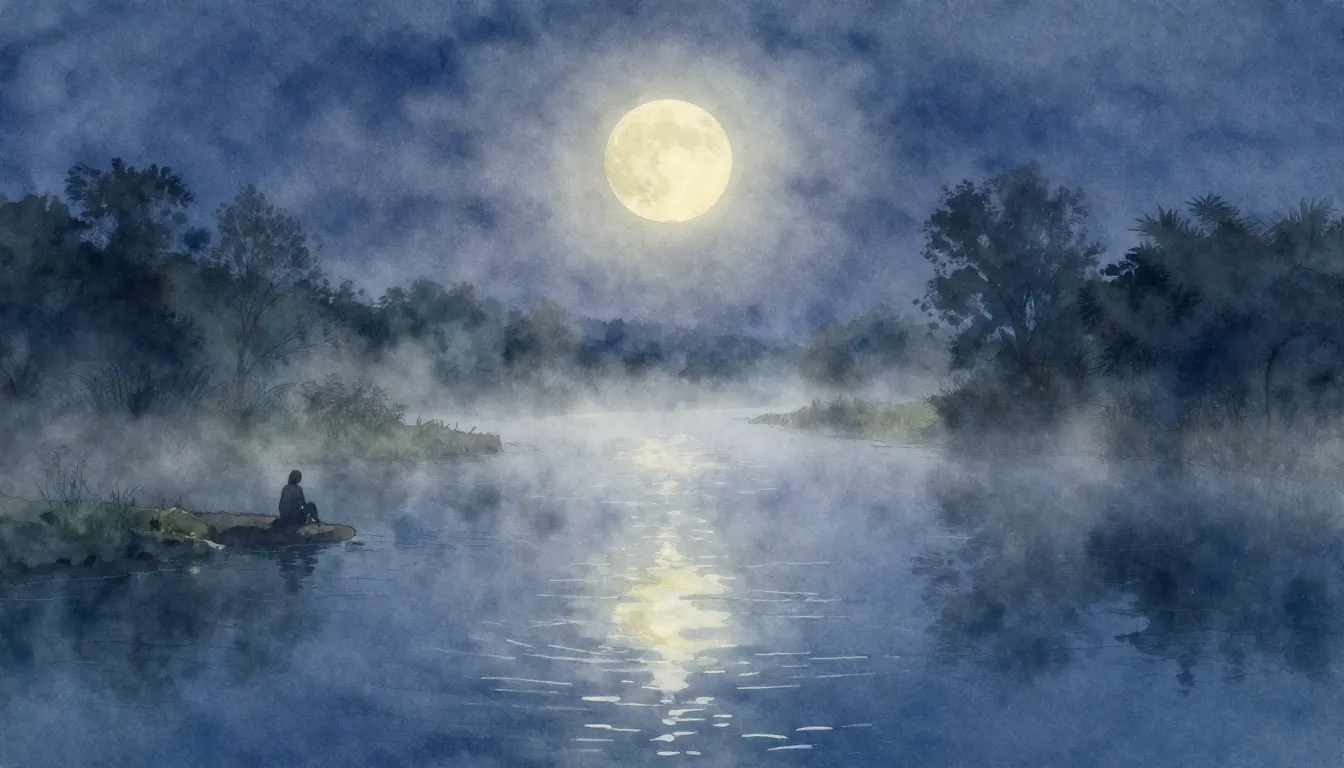 Watercolor style. A misty river at night, soft moonlight fil...