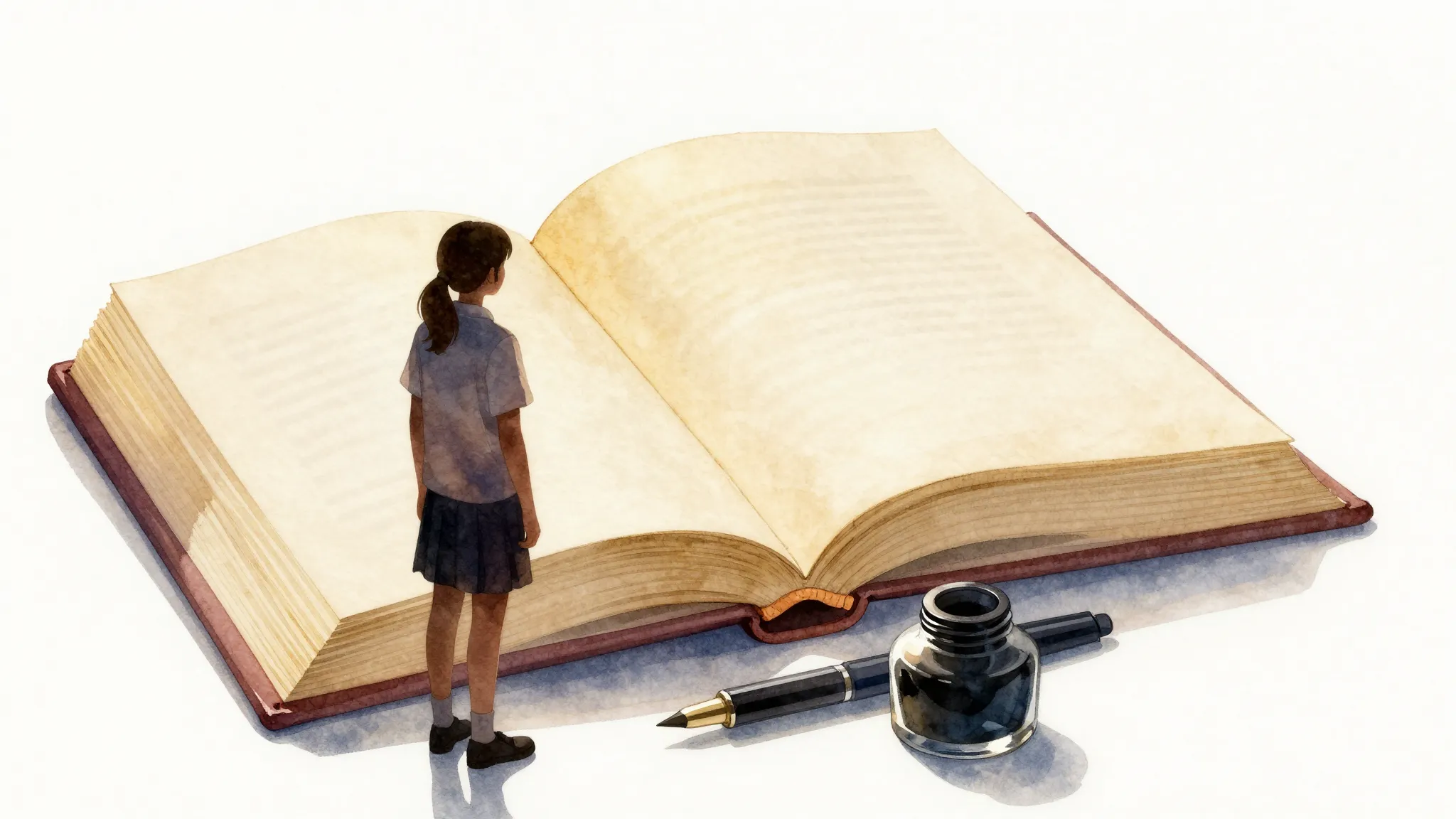 Watercolor style. A silhouette of a student standing near a ...