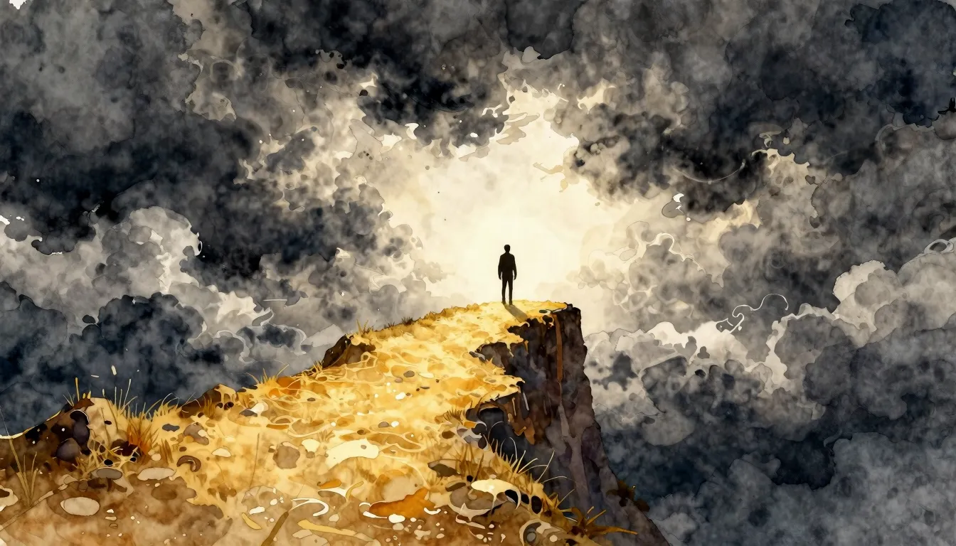 Watercolor style. A golden path winding through dark storm c...
