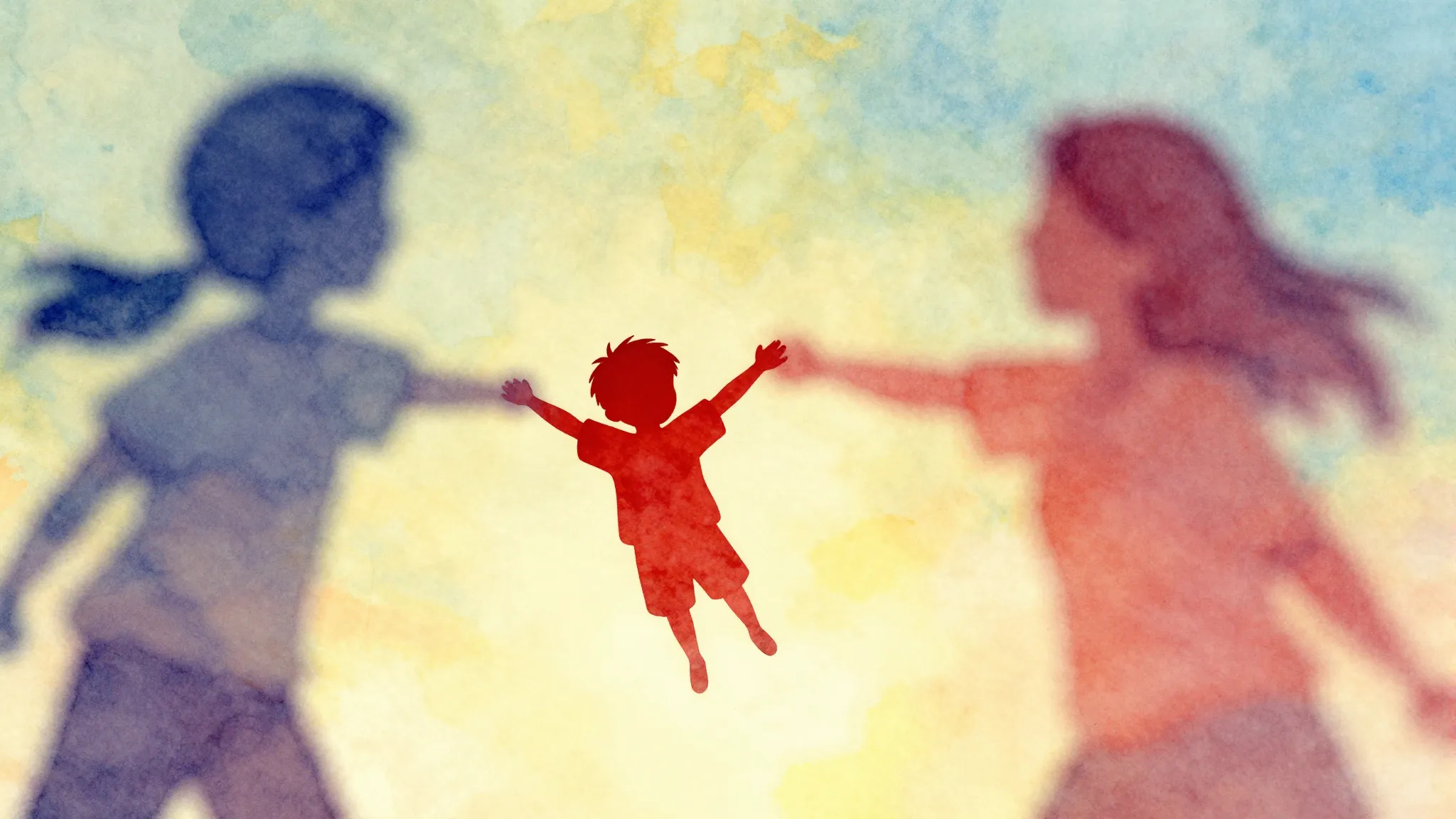 Vibrant watercolor style. Bright, playful album cover. A sma...