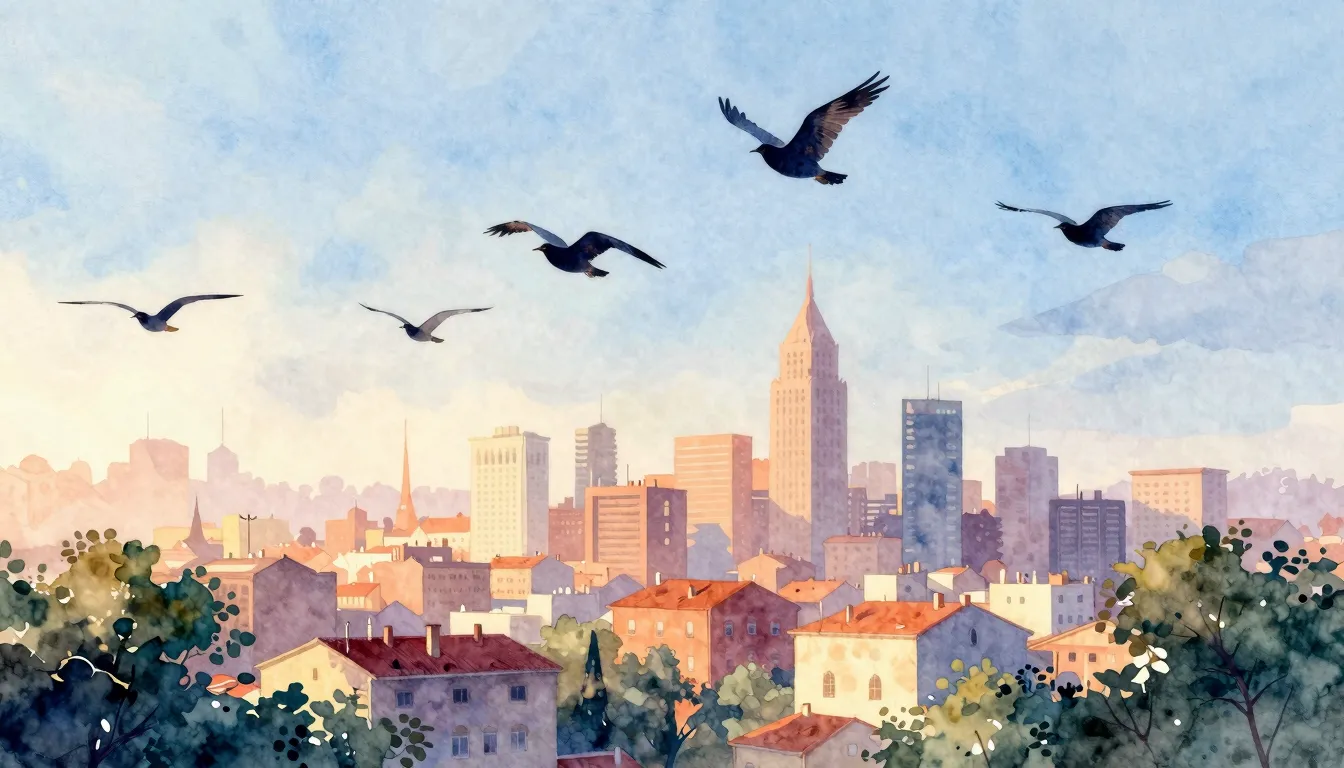 Vibrant watercolor style. A vibrant city awakening at dawn, ...