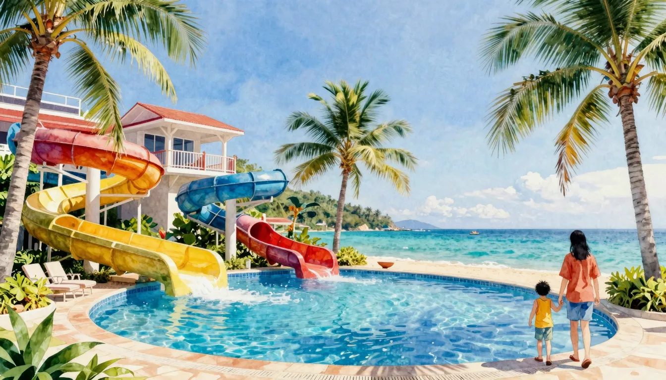 Watercolor style. A vibrant tropical resort in Phuket with a...