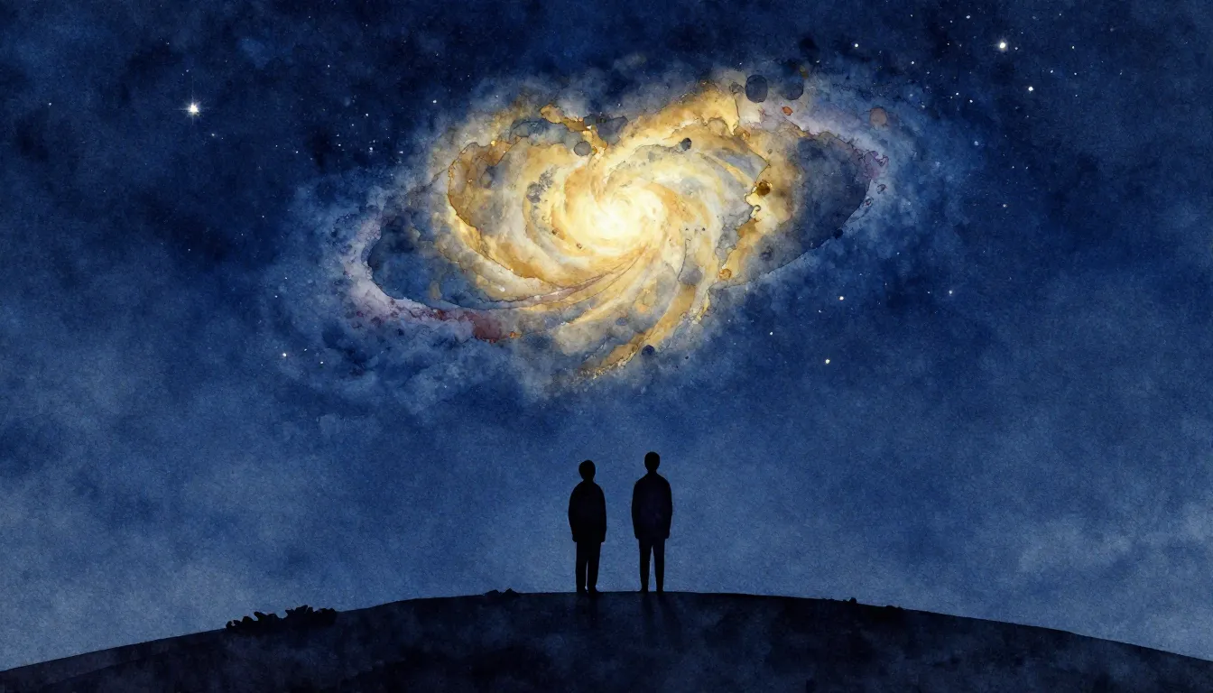 Watercolor style. Silhouette of two figures standing on a hi...