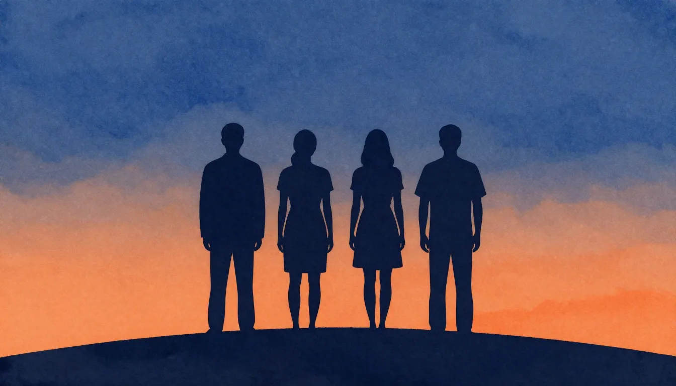 Watercolor style. Minimalist silhouettes of four male figure...