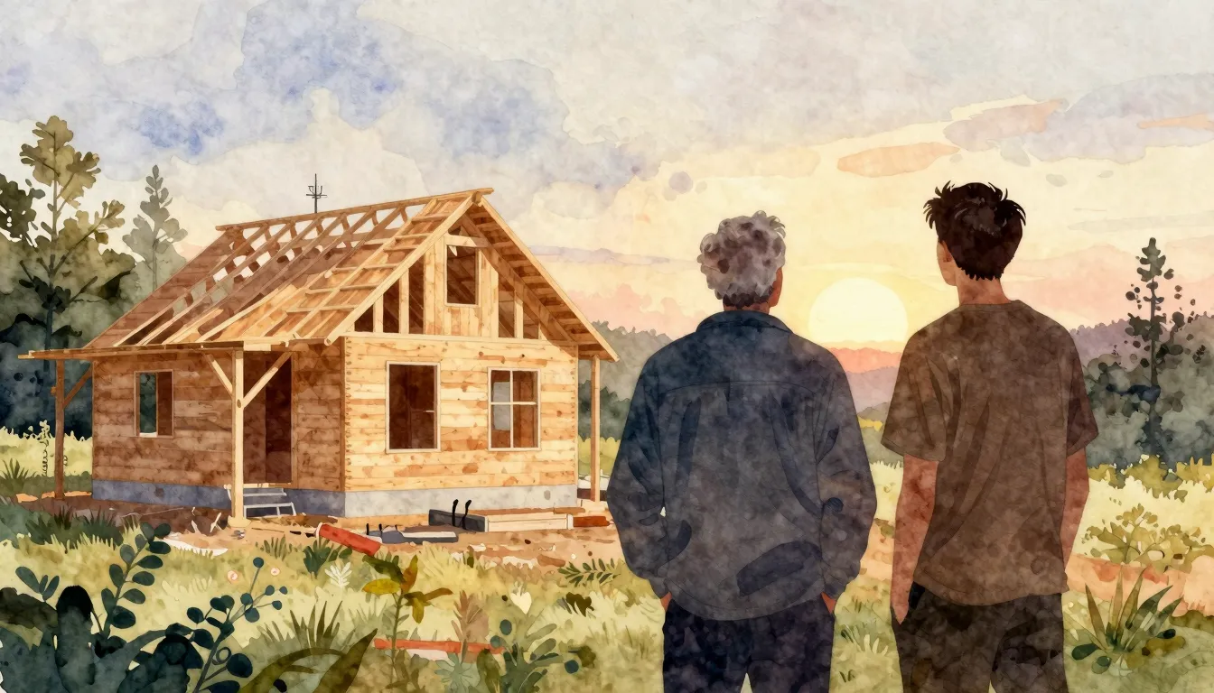 Watercolor style. A silhouette of an older man and his adult...