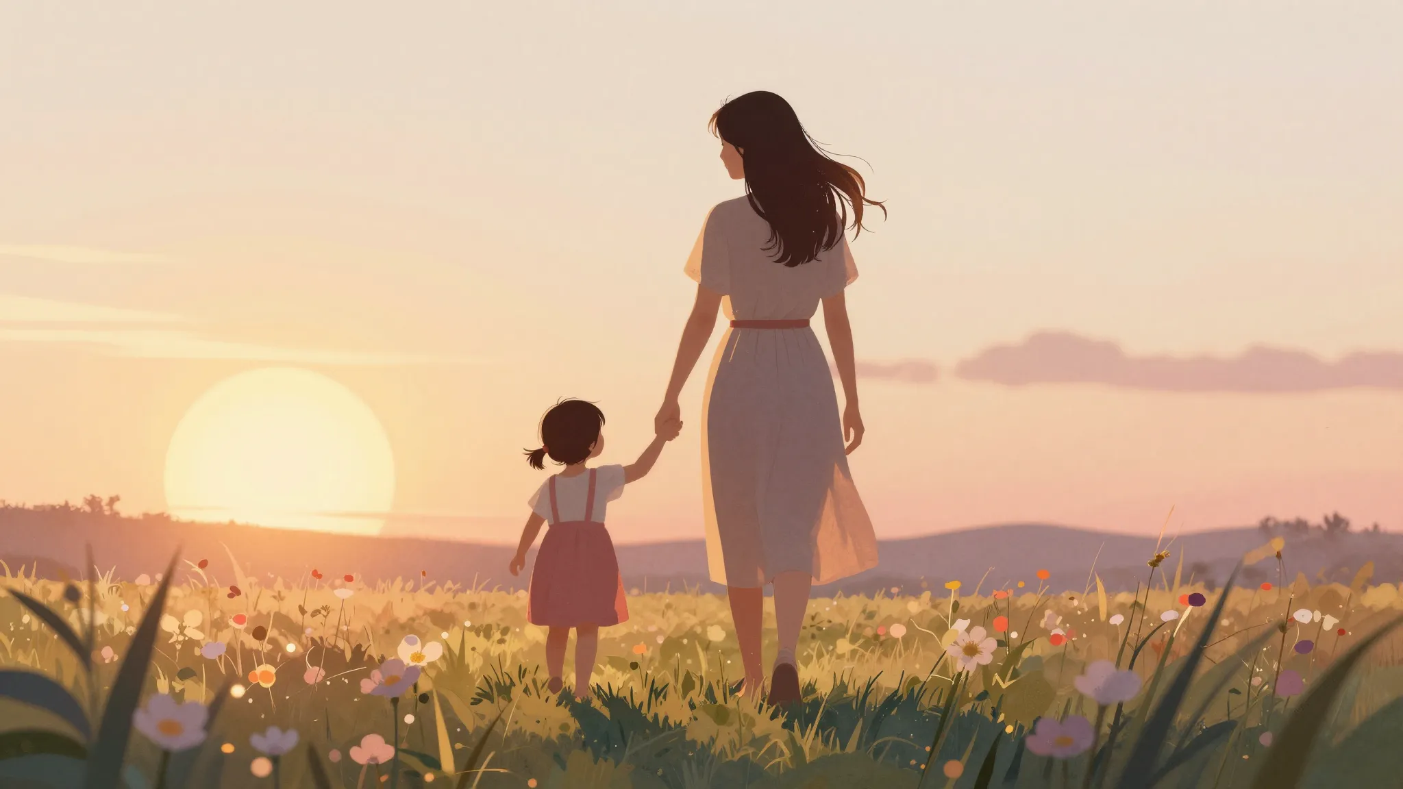 Watercolor style. A warm sunset silhouette of a mother and a...