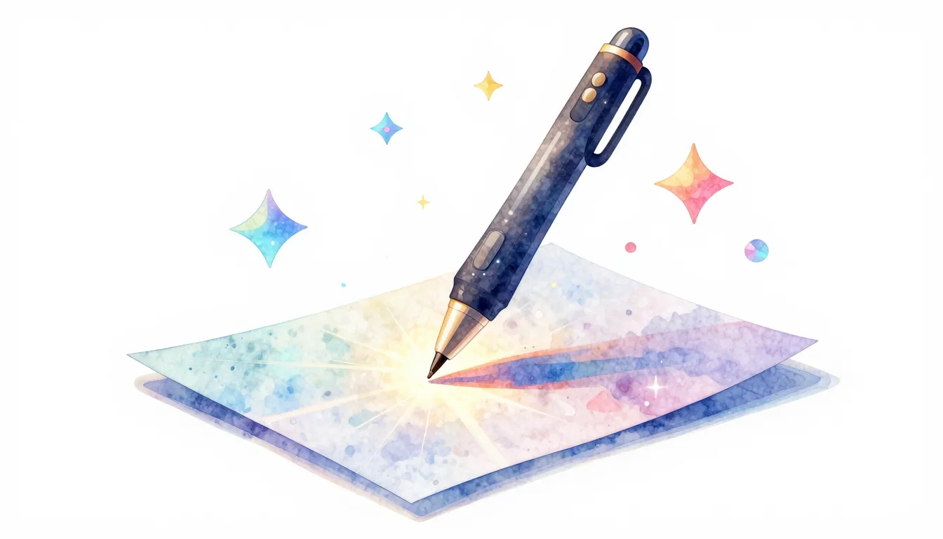 Watercolor style. A glowing 3D digital pen floating above a ...