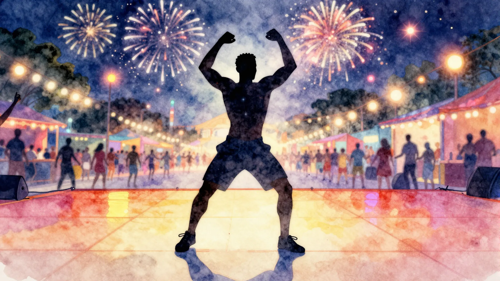 Watercolor style. A silhouette of an athletic man dancing en...