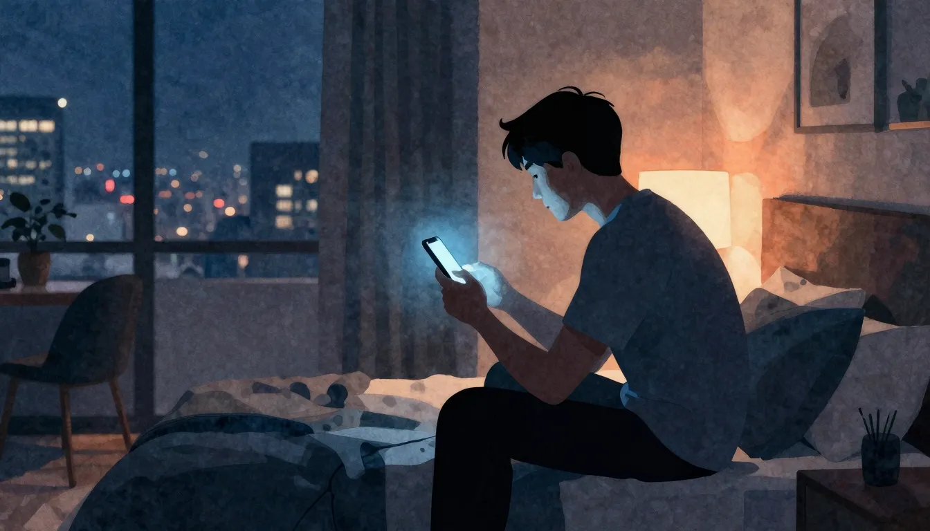 Watercolor style. A silhouette of a man sitting on a bed in ...