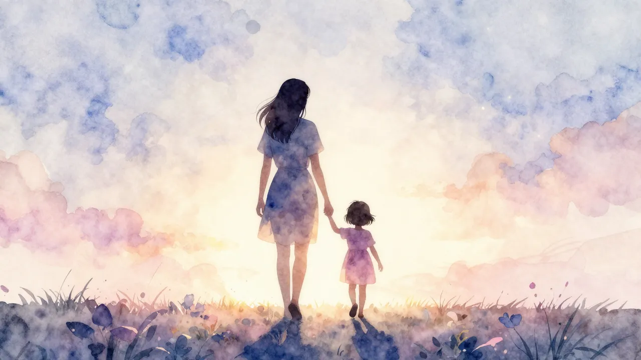 Watercolor style. A silhouette of a mother and a little girl...